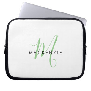 Housse Pour Ordinateur Portable Monogramme élégant moderne blanc vert écriture
