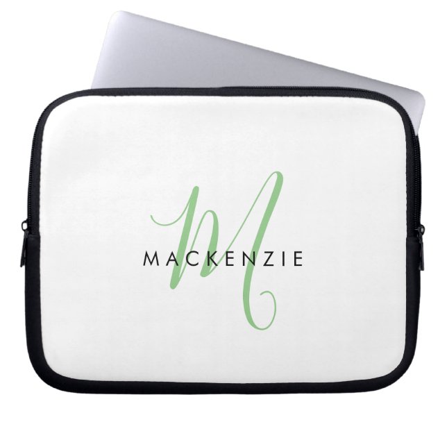 Housse Pour Ordinateur Portable Monogramme élégant moderne blanc vert écriture (Devant)