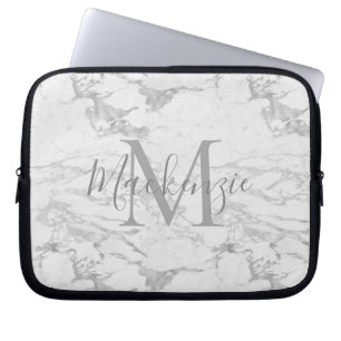 Housse Pour Ordinateur Portable Monogramme en marbre argenté chic