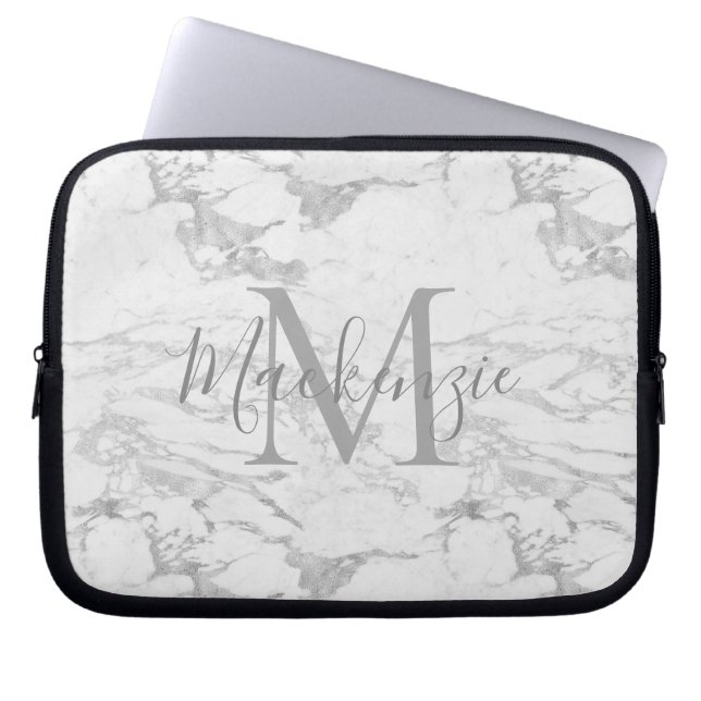 Housse Pour Ordinateur Portable Monogramme en marbre argenté chic (Devant)