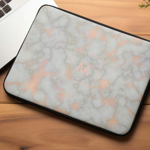 Housse Pour Ordinateur Portable Monogramme en marbre imprimé et or Rose