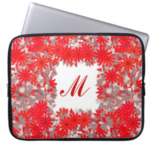 Housse Pour Ordinateur Portable Monogramme encadré de fleurs - rouge et gris