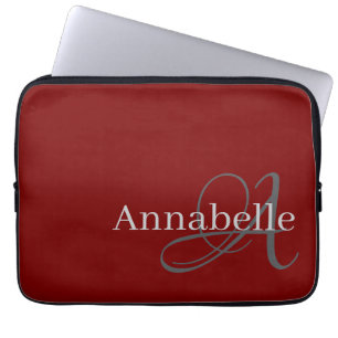 Housse Pour Ordinateur Portable Monogramme et nom rouge simple et élégant