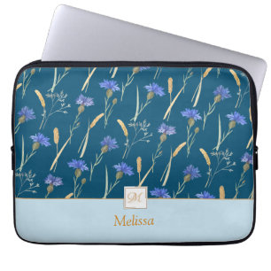 Housse Pour Ordinateur Portable Monogramme Fleur sauvage Floral Bleu