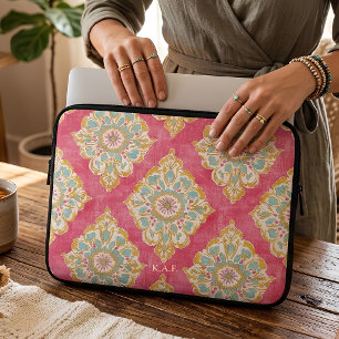 Housse Pour Ordinateur Portable Monogramme Fleuris Damassé Vintage Rose Personnali