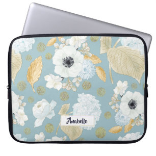 Housse Pour Ordinateur Portable Monogramme floral bleu et blanc de ressort de