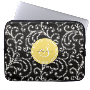 Housse Pour Ordinateur Portable Monogramme floral noir girly élégant de motif