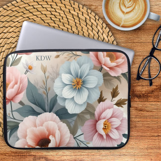 Housse Pour Ordinateur Portable Monogramme Floral Pastel Délicat