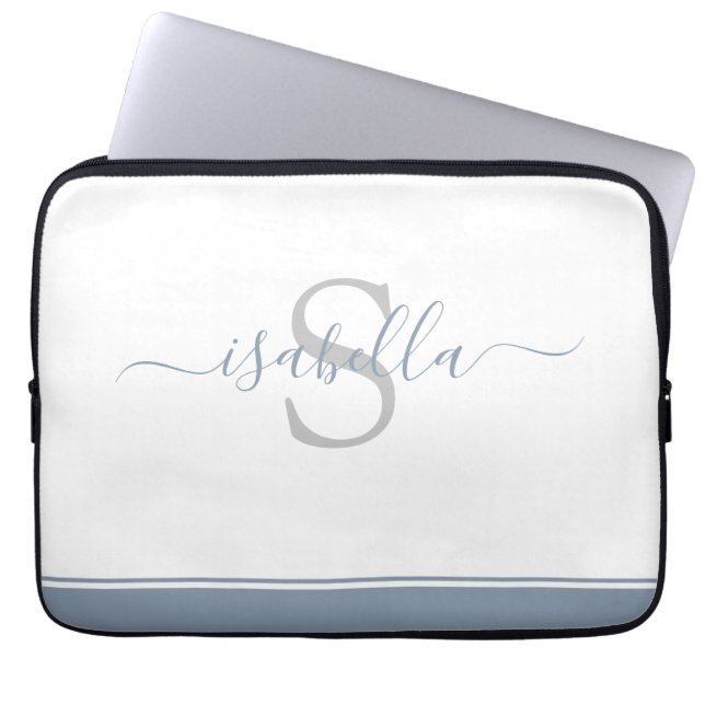 Housse Pour Ordinateur Portable Monogramme Initial Élégant Script Dusty Blue (Devant)