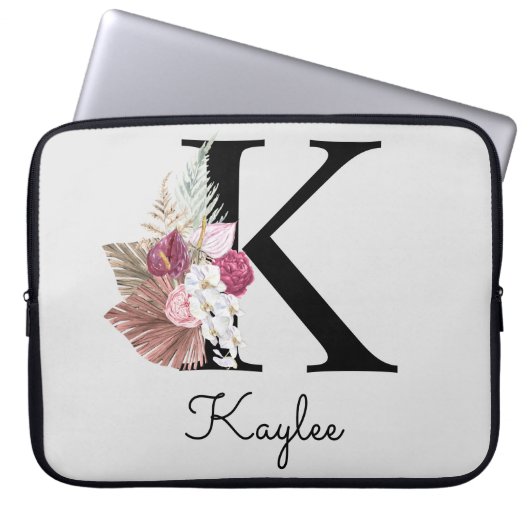 Housse Pour Ordinateur Portable Monogramme initial K rose Boho Floral (Devant)
