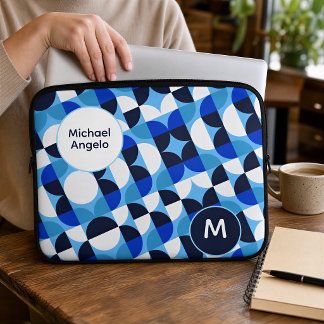 Housse Pour Ordinateur Portable Monogramme Initial Personnalisé Géométrique Bleu