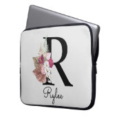 Housse Pour Ordinateur Portable Monogramme initial R rose Boho Girly Floral (devant gauche)