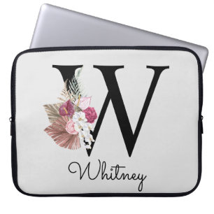 Housse Pour Ordinateur Portable Monogramme initial W rose Boho Girly Floral