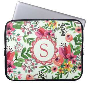 Housse Pour Ordinateur Portable Monogramme joli floral aquarelle vibrant