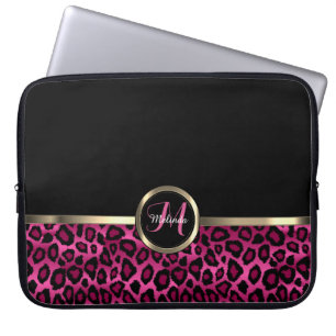 Housse Pour Ordinateur Portable Monogramme Léopard rose et noir aux accents or