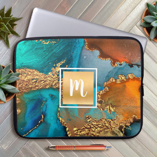 Housse Pour Ordinateur Portable Monogramme marbre aquarelle or turquoise orange