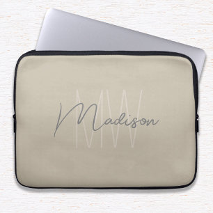 Housse Pour Ordinateur Portable Monogramme minimaliste moderne Nom de script beige