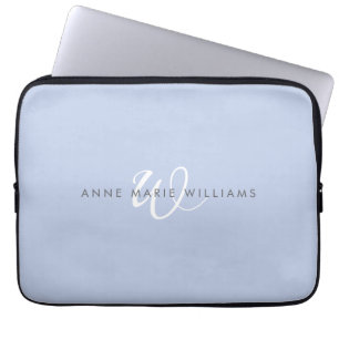 Housse Pour Ordinateur Portable Monogramme Moderne Bleu Blanc Script