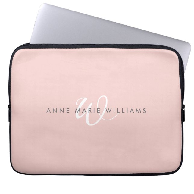 Housse Pour Ordinateur Portable Monogramme Moderne Rose Pâle Blanc (Devant)