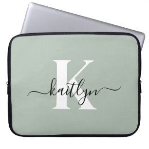 Housse Pour Ordinateur Portable Monogramme moderne Sage vert