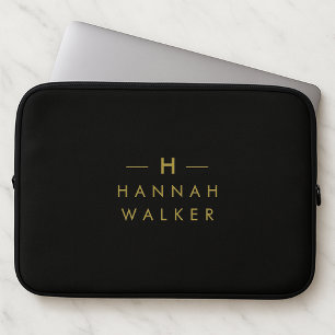 Housse Pour Ordinateur Portable Monogramme Noir   Élégant minimaliste moderne