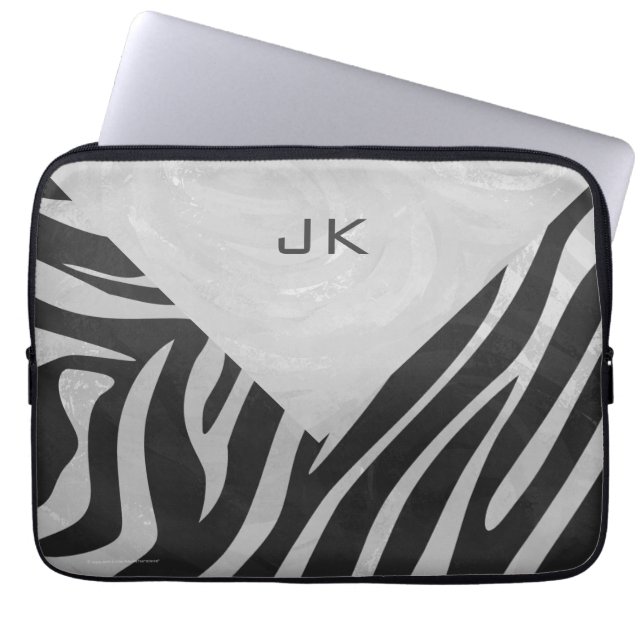 Housse Pour Ordinateur Portable Monogramme noir et gris clair Zebra (Devant)