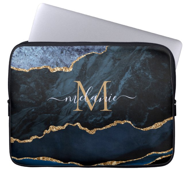 Housse Pour Ordinateur Portable Monogramme Nom Agate Blue Gold Marble Portable (Devant)