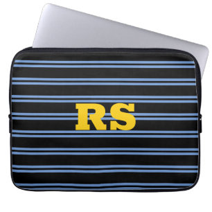 Housse Pour Ordinateur Portable Monogramme Or Gras, Nom, Lignes Bleues sur Noir