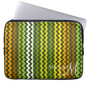 Housse Pour Ordinateur Portable Monogramme personnalisé chevron zigzag vert jaune