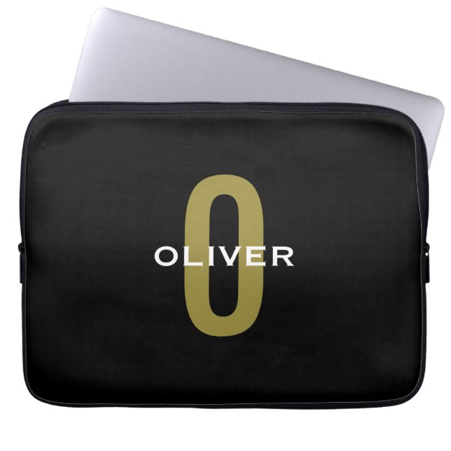 Housse Pour Ordinateur Portable Monogramme personnalisé Noir Or Blanc Nom (Devant)