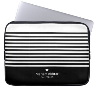 Housse Pour Ordinateur Portable Monogramme Rayures Noires Chic Moderne Écriture