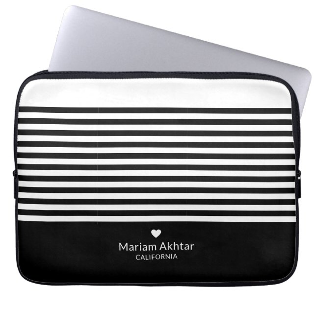Housse Pour Ordinateur Portable Monogramme Rayures Noires Chic Moderne Écriture (Devant)