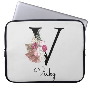 Housse Pour Ordinateur Portable Monogramme Rose Bohème Féminin Floral Initiale V