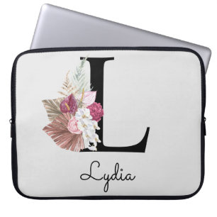 Housse Pour Ordinateur Portable Monogramme rose Boho girly floral initiale L