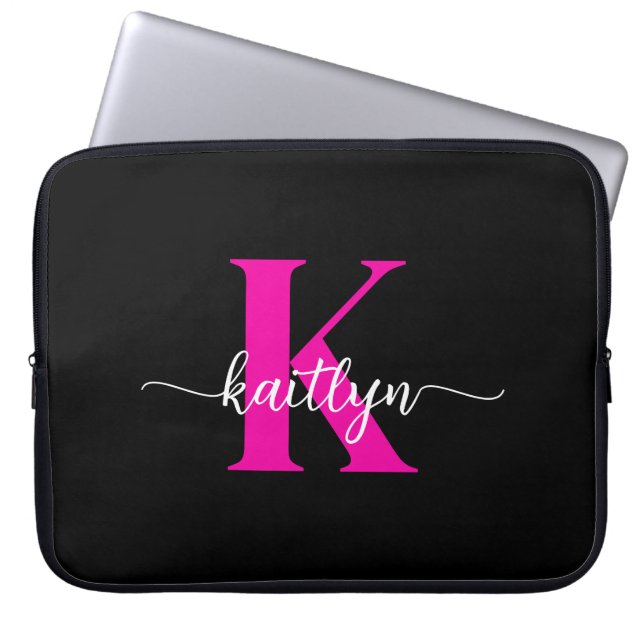 Housse Pour Ordinateur Portable Monogramme Rose Chaude Noir (Devant)