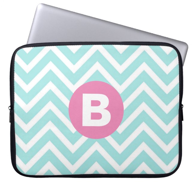 Housse Pour Ordinateur Portable Monogramme rose chevron bleu clair tendance (Devant)