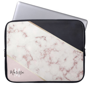 Housse Pour Ordinateur Portable Monogramme rose Girly d'abrégé sur marbre d'or