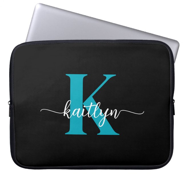 Housse Pour Ordinateur Portable Monogramme sarcelle noir (Devant)