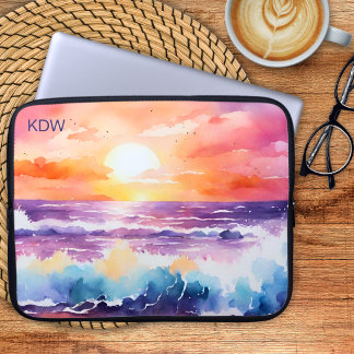 Housse Pour Ordinateur Portable Monogramme Surf Coucher de soleil Aquarelle