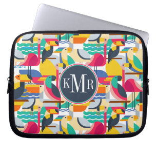 Housse Pour Ordinateur Portable Monogramme tropical géométrique des oiseaux