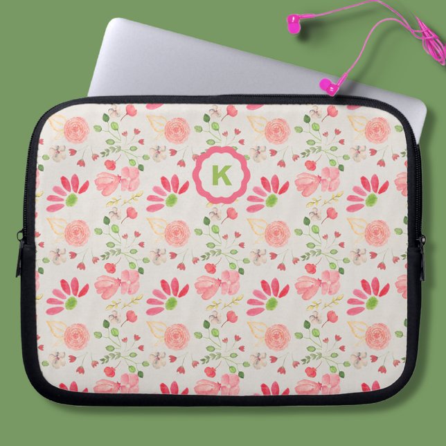 Housse Pour Ordinateur Portable Monogramme végétal rose et vert (Créateur téléchargé)