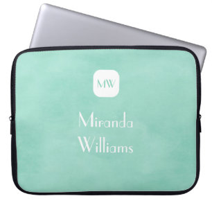 Housse Pour Ordinateur Portable Monogramme vert à menthe simple et chic avec nom
