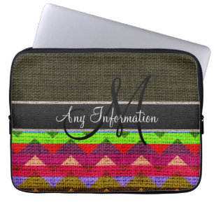 Housse Pour Ordinateur Portable Monogramme Vert foncé Chevron Zigzag Burlap Jute