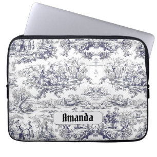 Housse Pour Ordinateur Portable monogramme vintage floral noir toile de jouy