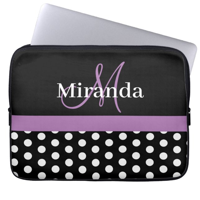 Housse Pour Ordinateur Portable Monogramme violet noir blanc Polka point (Devant)