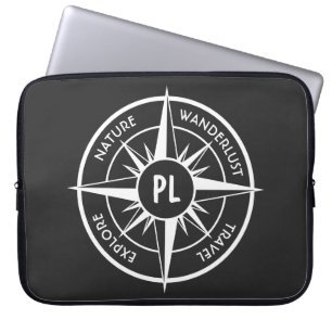 Housse Pour Ordinateur Portable Monographie d'emblème de compas noir et blanc
