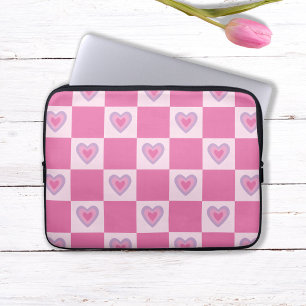 Housse Pour Ordinateur Portable Motif à cœur à carreaux rose rétro
