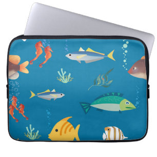 Housse Pour Ordinateur Portable Motif bleu illustré de poissons et d'hippocampes m