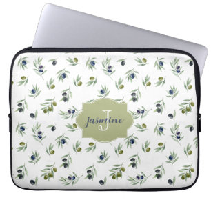 Housse Pour Ordinateur Portable Motif chic aquarelle monogramme nom vert olive