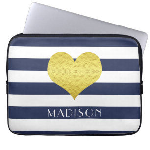 Housse Pour Ordinateur Portable Motif Cœurs Dorés Rayures Bleues Modernes